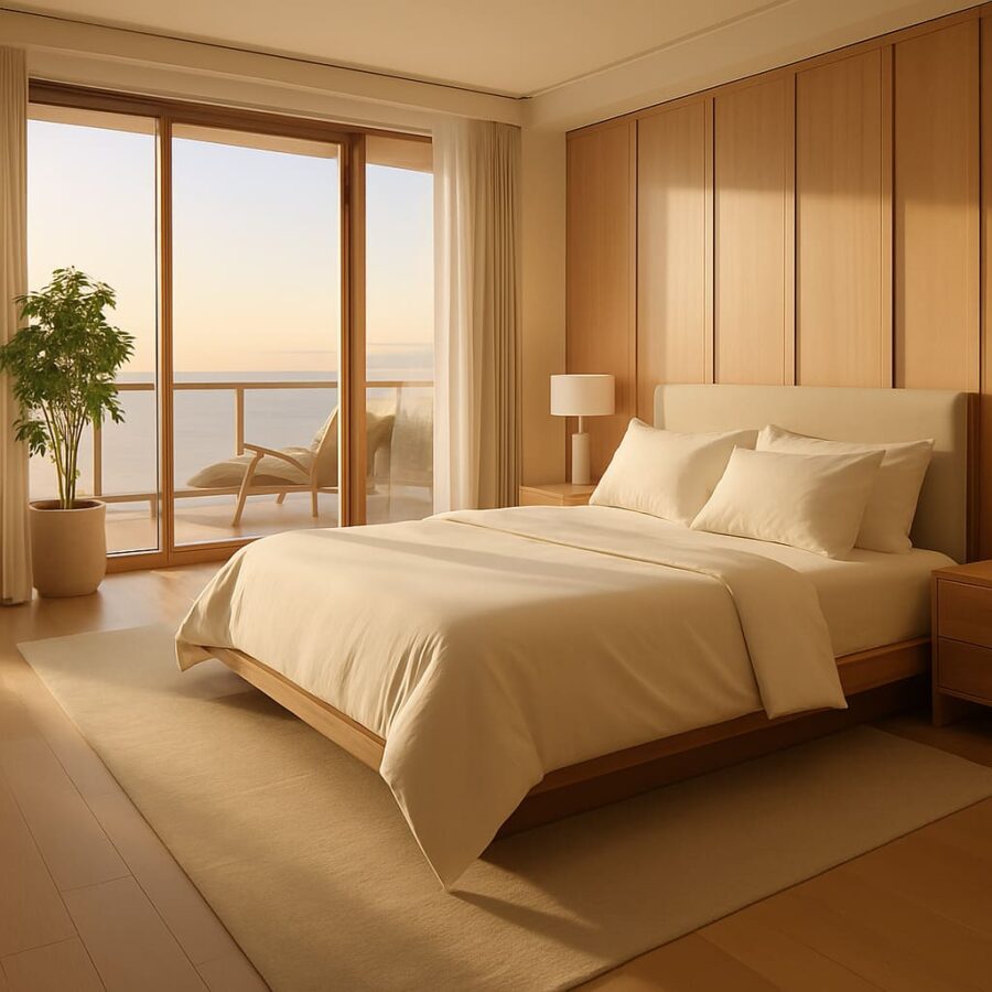 Ambiance cocooning dans une chambre lumineuse avec draps ivoire, plante verte et mobilier en bois clair.