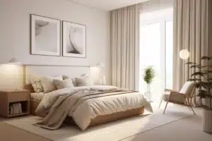 country interior design of modern bedroom with white and cream pillows on bed