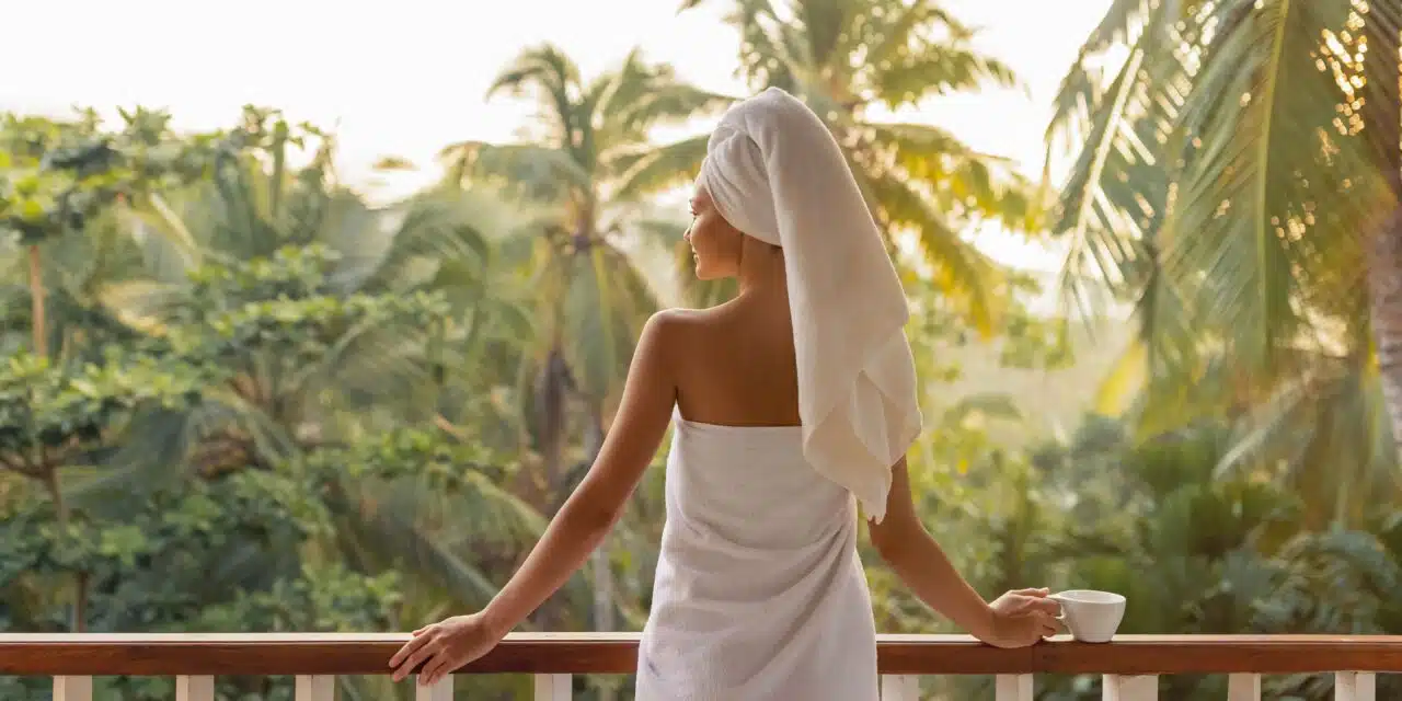 Femme sortant de sa douche dans un hôtel de luxe situé dans la jungle, enveloppée dans une serviette en fibre de bambou de la marque Compteur du Bambou. La serviette douce et luxueuse incarne le confort et le raffinement en harmonie avec l'environnement naturel. C'est une Fibre de bambou haut de gamme, la Fibre B