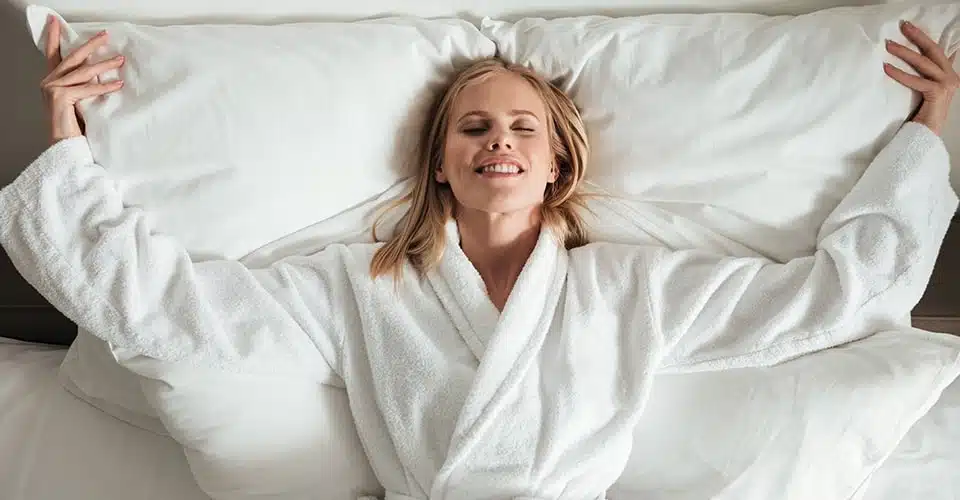 Femme allongée dans un lit confortable, enveloppée dans une couette et un oreiller en fibre de bambou, profitant d'un moment de détente.