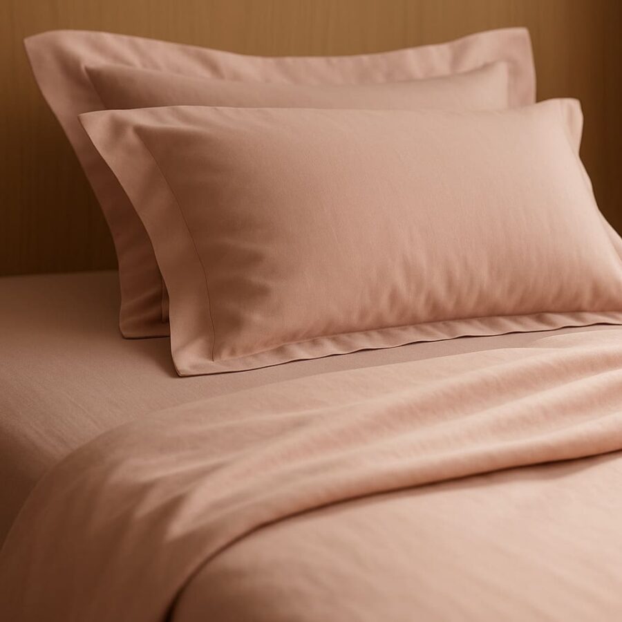 Draps et taies en bambou ultra doux posés sur un lit haut de gamme.