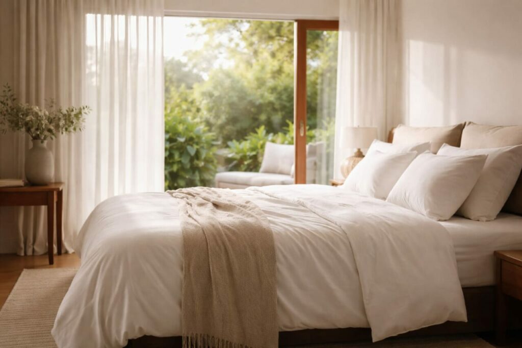 Chambre d’hôtel lumineuse avec lit king size habillé de linge en satin de bambou blanc cassé, ouvert sur un jardin verdoyant.