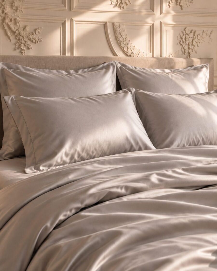 Taies d’Oreiller Unies Satin de Bambou Gris Perle