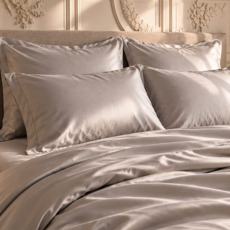 Taies d’Oreiller Unies Satin de Bambou Gris Perle