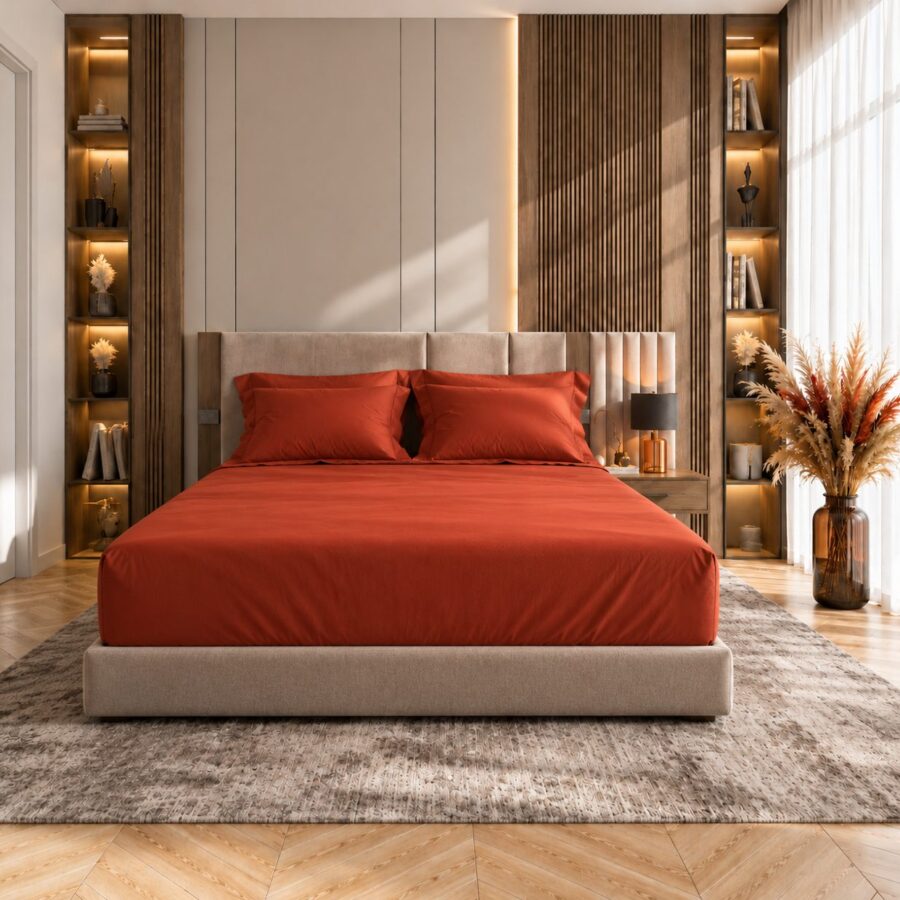 Drap Housse Satin de Bambou Terracotta