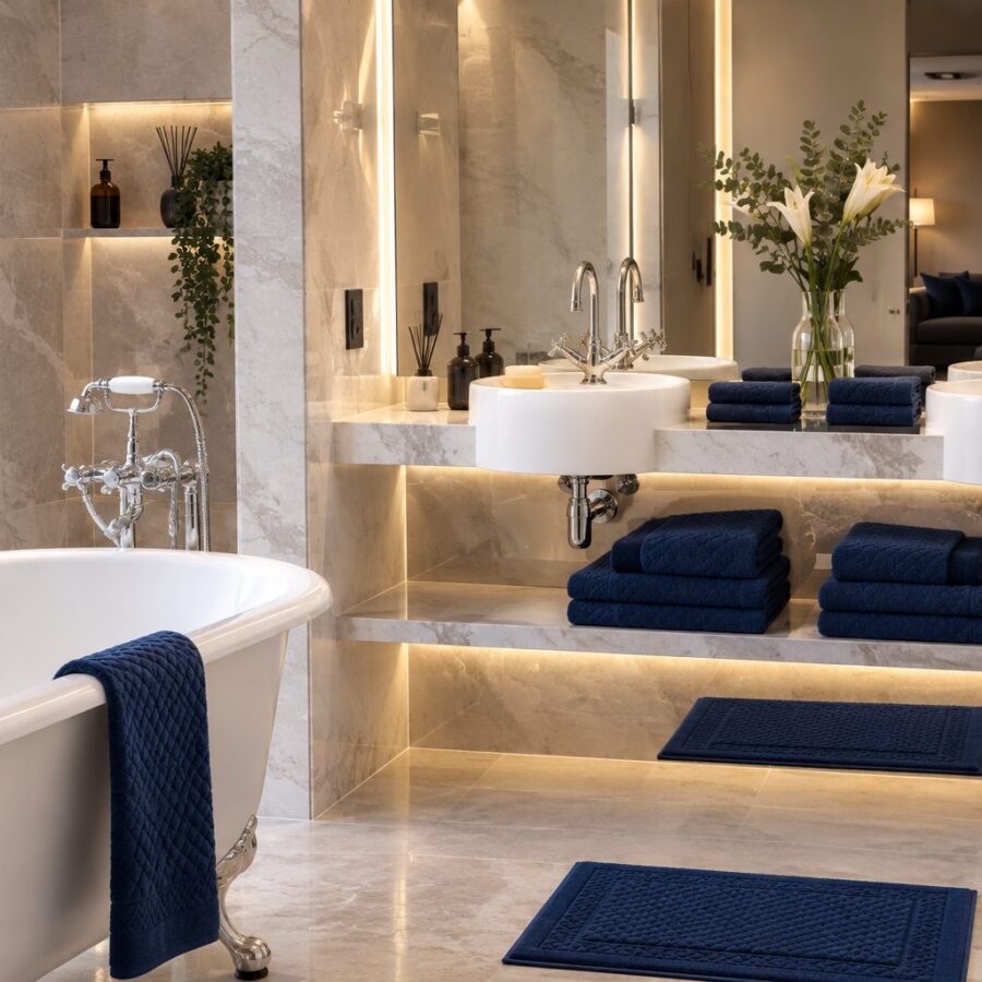 Set de bain Collection Grand Hôtel Navy en fibre de bambou — Comptoir du Bambou