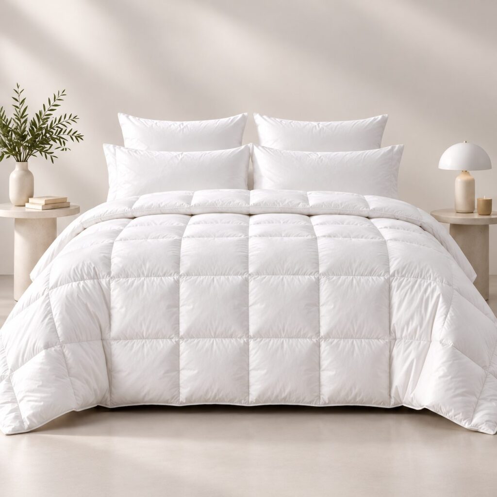 Couette matelassée et oreillers dans une chambre d’hôtel, Comptoir du Bambou