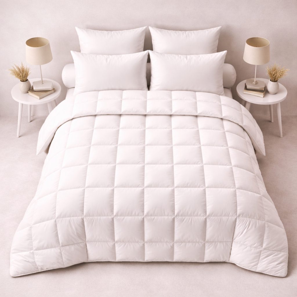 Lit d’hôtel vu du dessus avec quatre oreillers et une couette, Comptoir du Bambou