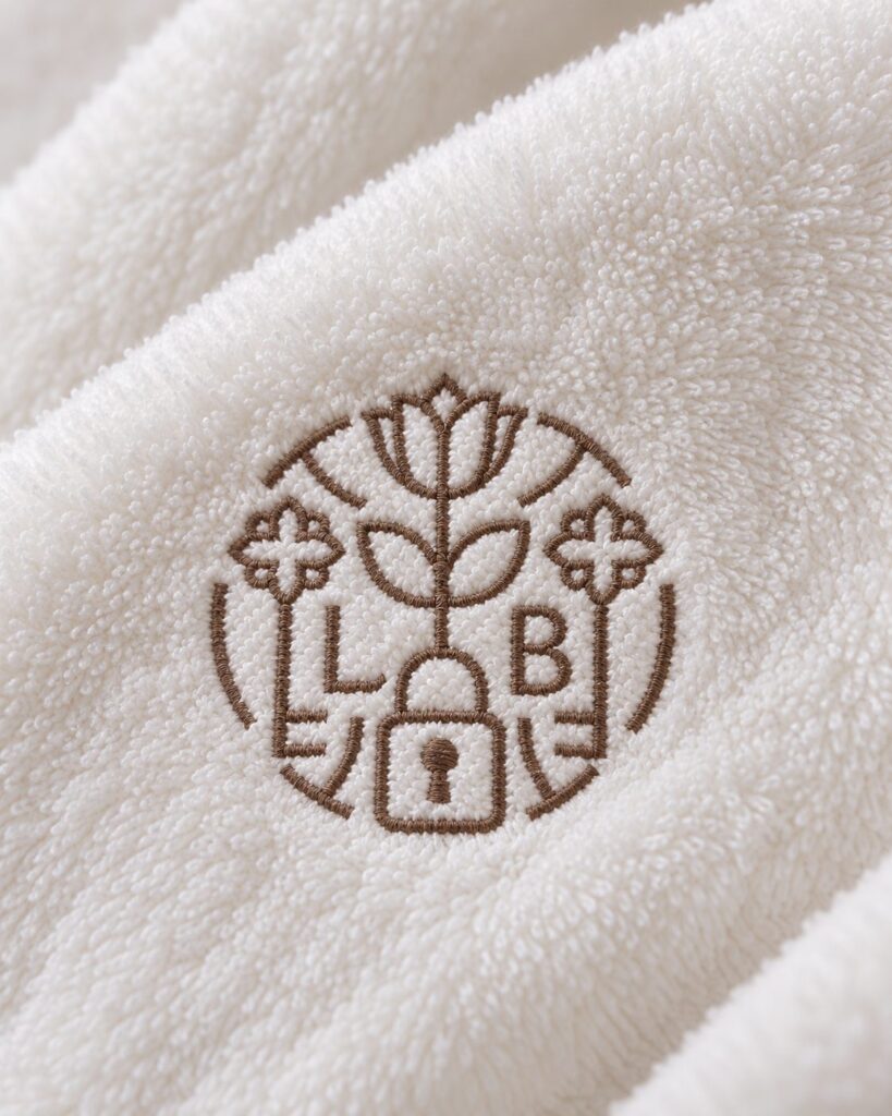 Gros plan d’une broderie de logo sur un peignoir en éponge de bambou — Comptoir du Bambou